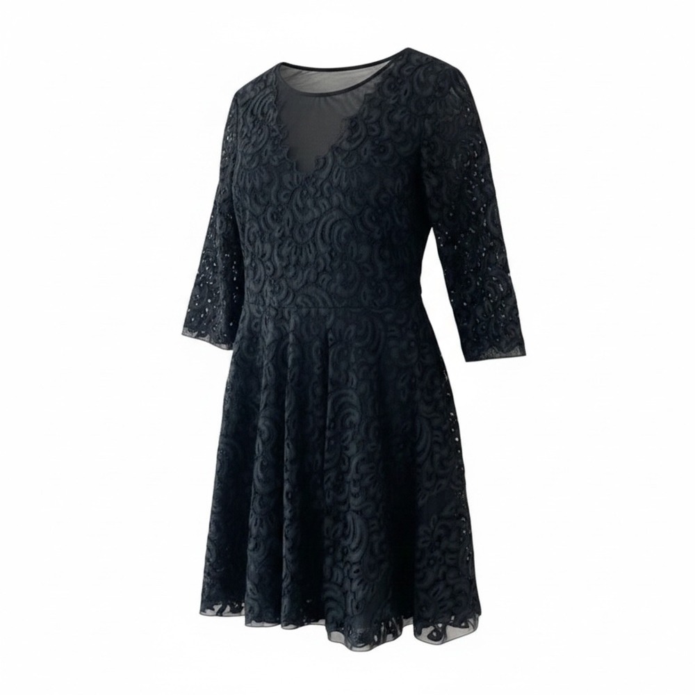 Saylor Black Lace Fit & Flare Dress Women's Medium 3/4 Sleeve Mesh Cocktail9